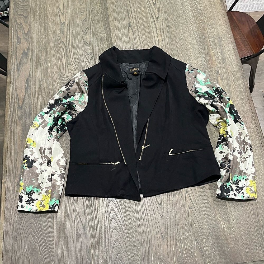 IMAN Moto Jacket Long Floral Sleeve Zip-Up Pockets Collared Black Plus Size 1X